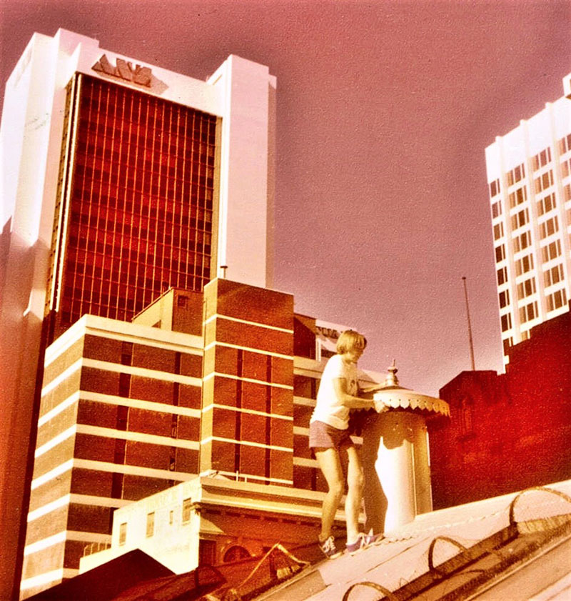 Margaret on the roof of our first hall 1976