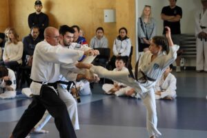 JUnior girl kicking wooden board at Taekwondo