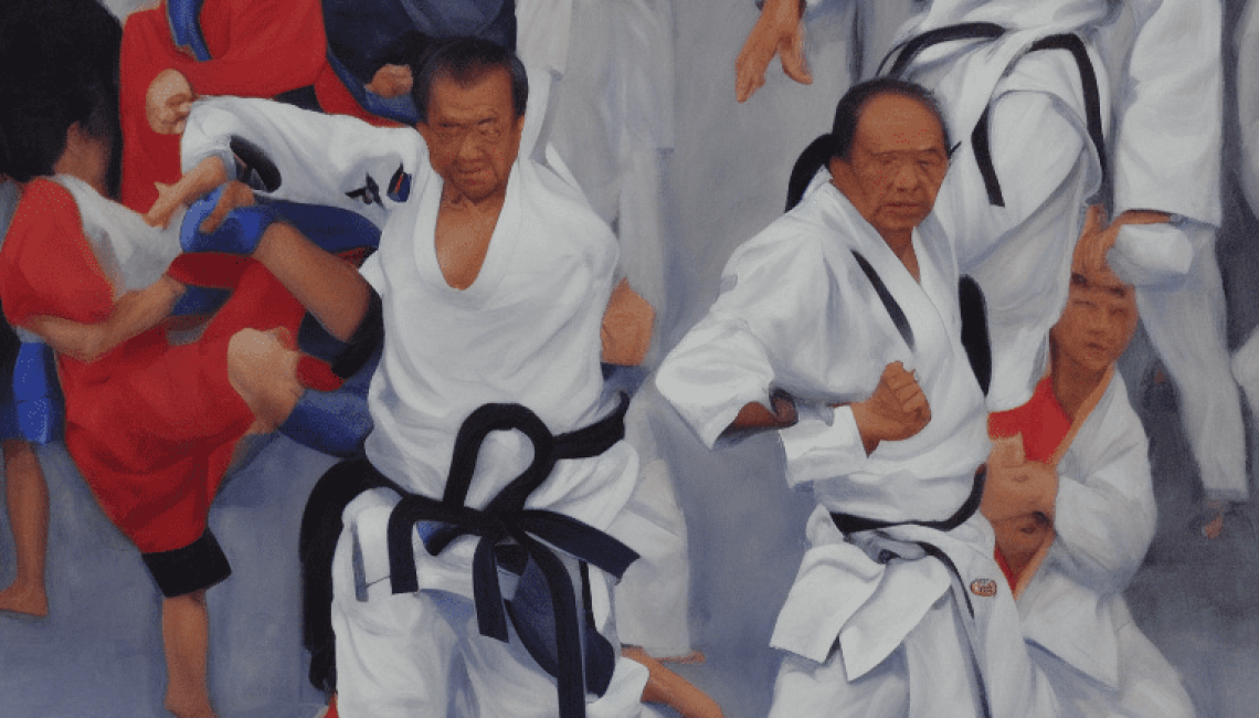 taekwondo master and his reflection exercising at dojo